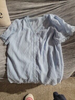 Light Blue Swiss Dot Lace-Trim V-Neck Women's Top